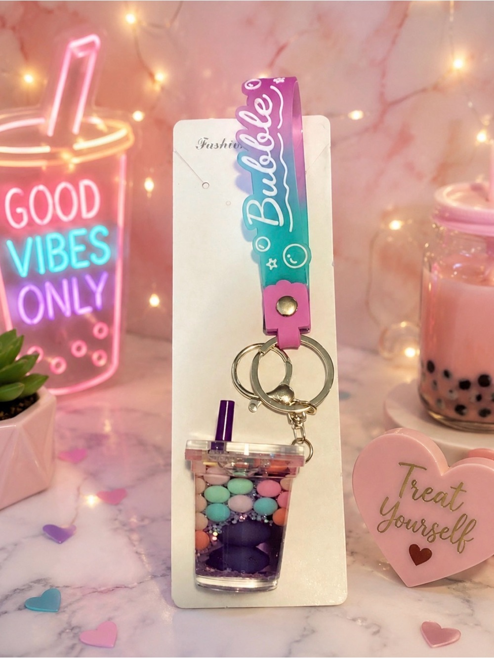 Bubble Tea Charm Keychain Wristlet - Pink & Teal
